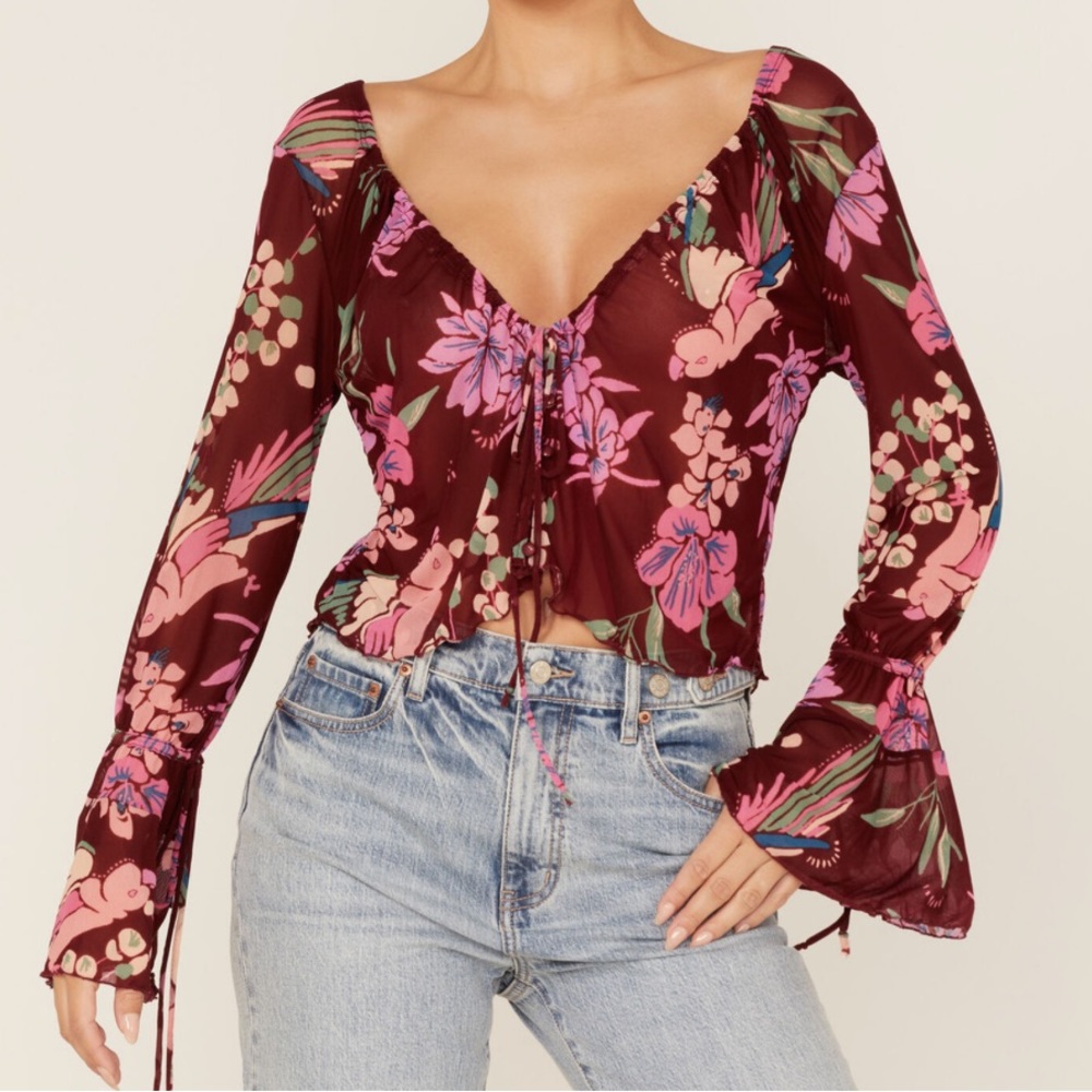 Free People Top Floral Print Of Paradise Tie Front Crop Boho Blouse Burgundy - Picture 6 of 12